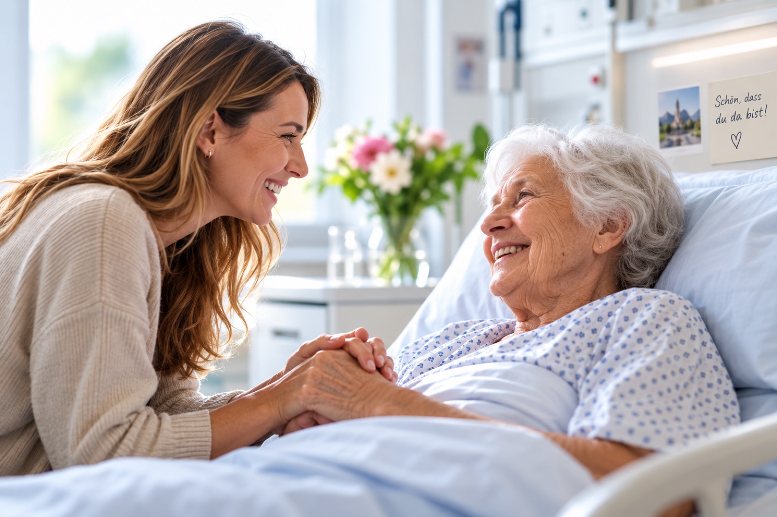 Eine Frau sitzt am Krankenbett und hält die Hände einer älteren Patientin, beide lachen