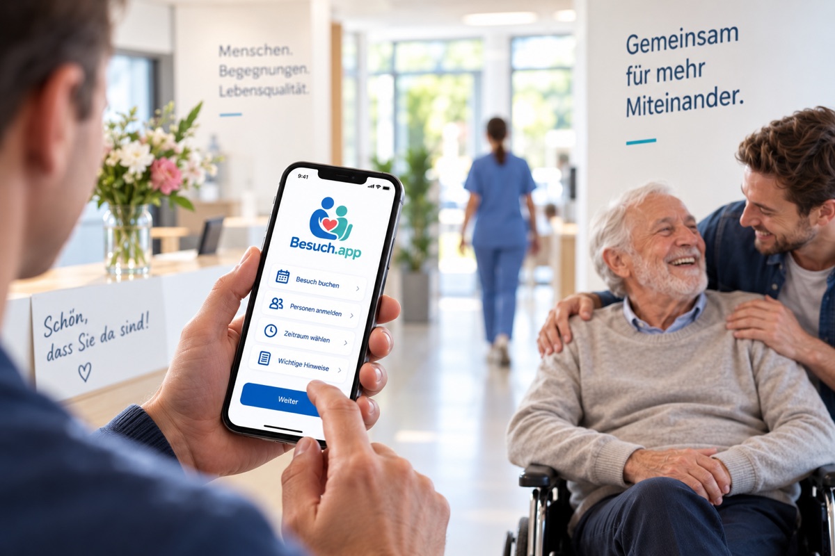 Empfangshalle einer Klinik: Ein Mann hält sein Smartphone mit Besuch.app, daneben freut sich ein älterer Patient im Rollstuhl über Besuch