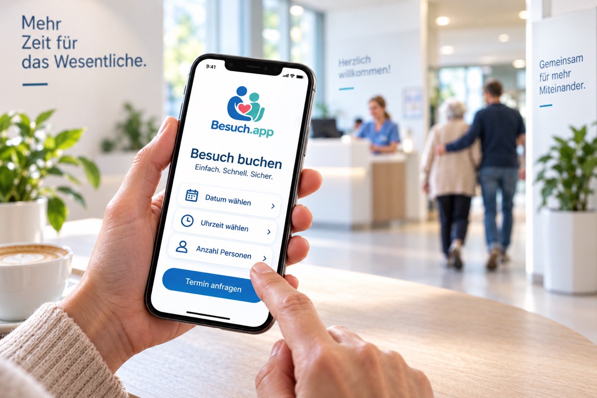 Eine Hand hält ein Smartphone mit Besuch.app in der Empfangshalle einer Klinik